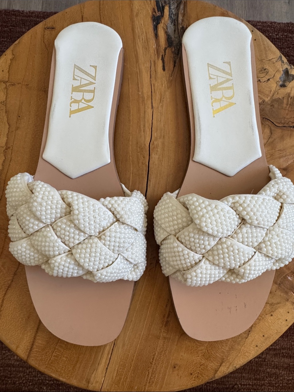 Zara Cream Braided Pearl Strap Slide Sandals-size 39/US 8